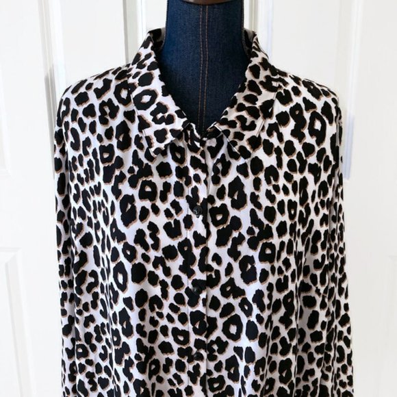 susan graver button down silky top NWOT leopard print size 24W black white - Picture 7 of 11